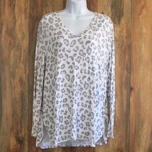 Mud Pie White Gray Women's Leopard Print Long Sleeve Stretch Tee S